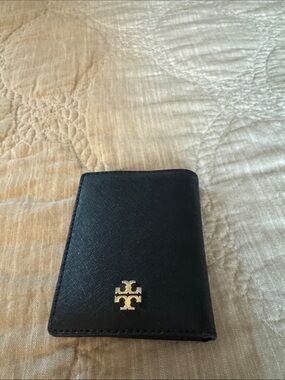 Tory Burch Black Leather Bifold Card Wallet with Gold Logo